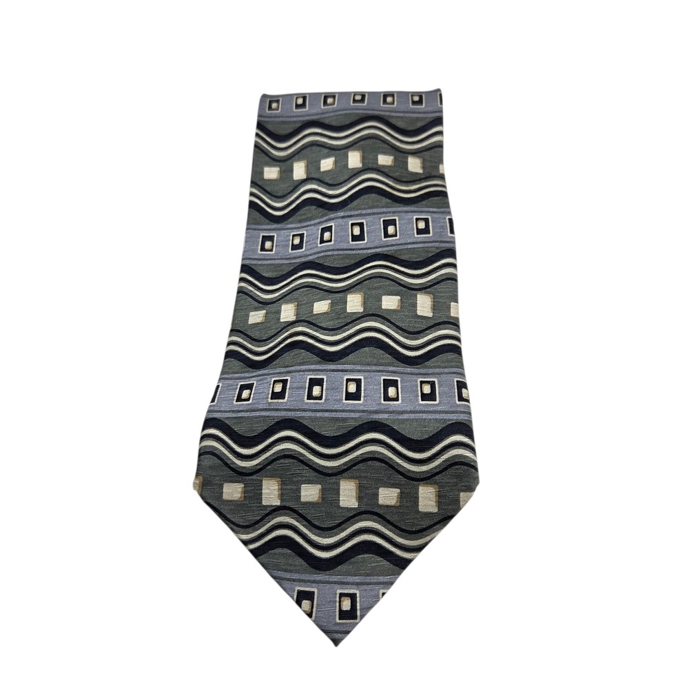 Tesoro Rosso Uomo Moda Mens Geometric Wavy Square 100% Silk Tie Grey Silver